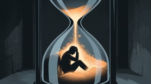 Lonely Human Figure Inside Hourglass, Conceptual Illustration of Time, Isolation and Mortality