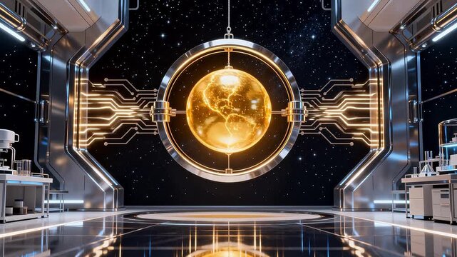 Futuristic lab with glowing orb