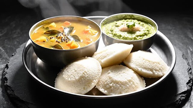 South Indian idli with sambar and coconut chutney.