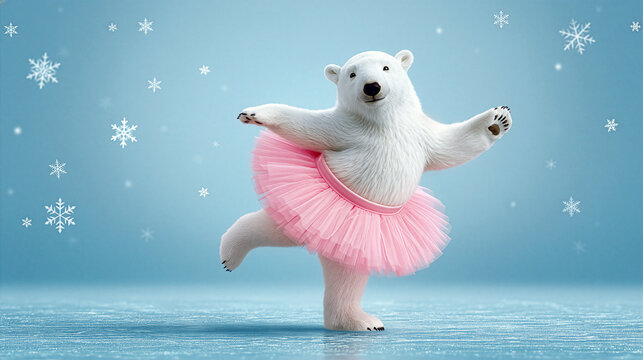 Whimsical winter illustration of a polar bear dancing ballet in pink tutu, surrounded by delicate snowflakes and icy crystals, cute digital dreamlike artwork with fairytale charm, refreshing coolness