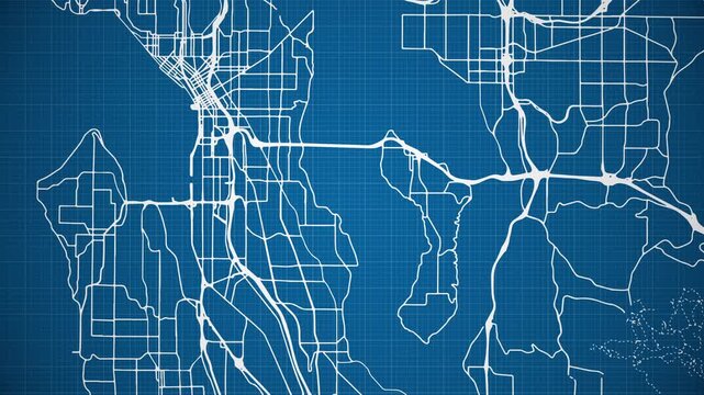 Ink reveal animation of Seattle city, Washington (WA), United States of America, grid map. Aerial top view. Blueprint style. White lines with blue background. 4K Seamless loop.