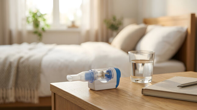 Portable Medical Mesh Nebulizer Sitting on a Bedside Table With a Glass of Water in a Cozy Bedroom Setting for Respiratory Care