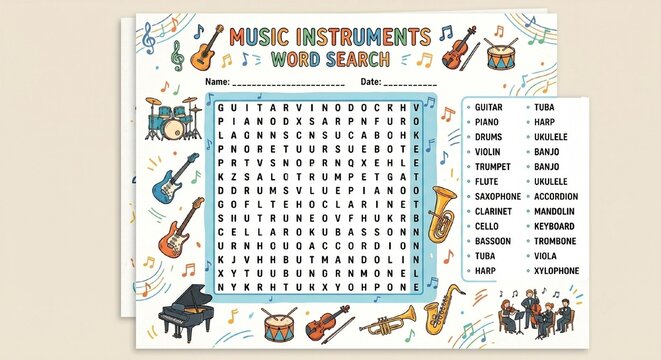 Music instruments word search puzzle with colorful illustrations  