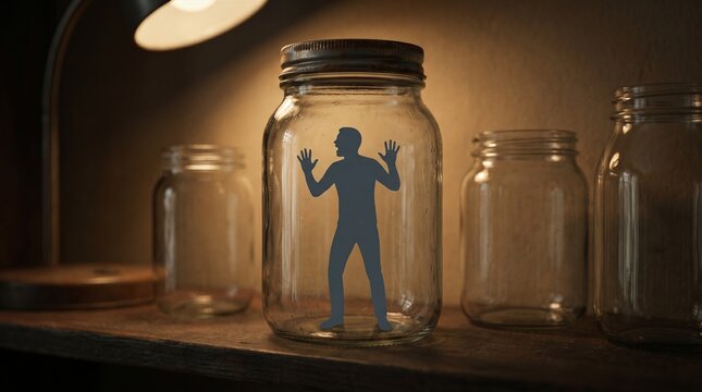 Person trapped inside sealed glass jar pressing on walls, surreal concept illustration of loneliness isolation and feeling invisible and unheard