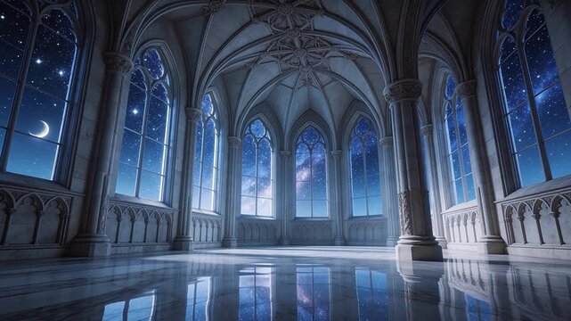 Gothic cathedral interior with starry sky