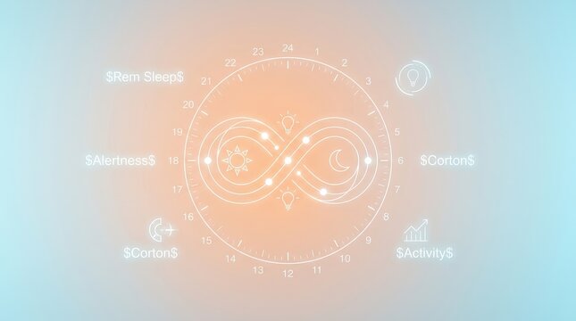 Abstract futuristic circadian rhythm mobius loop interface with sun moon cycle and data graphics on matte white plaster wall background