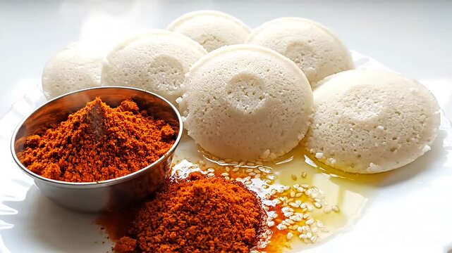 Steaming idli served with red chutney powder.