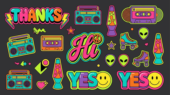 Assorted vintage embroidered patches collection with various graphic labels and textile badges including retro typography elements and decorative adhesive sticker designs for fashion branding.