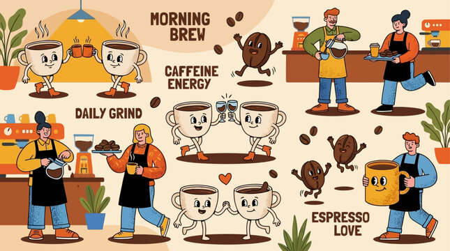 Whimsical anthropomorphic coffee bean characters sipping hot espresso in a vintage retro cafe, miniature personification of caffeine beans enjoying a morning drink in a cozy atmosphere.