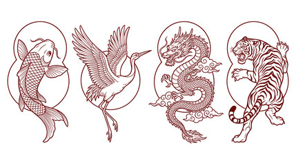Fototapeta premium Set of asian mythical creatures and animals art.