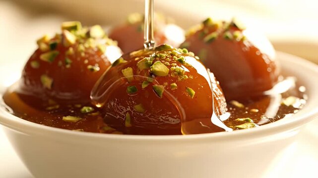Sweet gulab jamun balls in syrup with pistachio garnish.