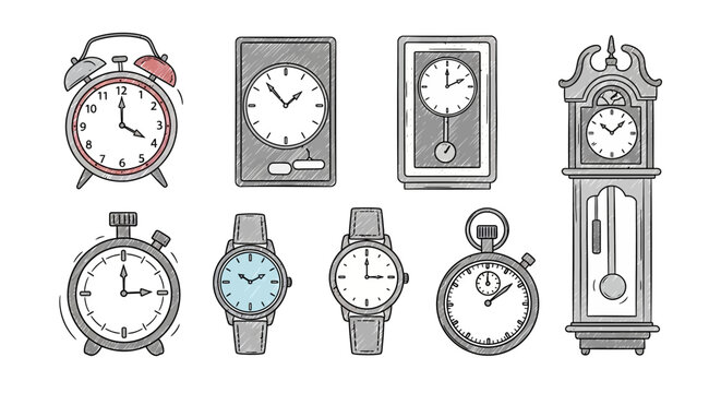 Collection of timepieces alarm clocks wristwatches and pocket watches