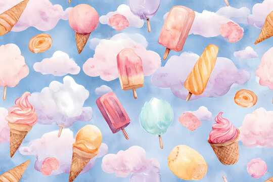 Seamless watercolor pattern with ice cream cones and pink clouds