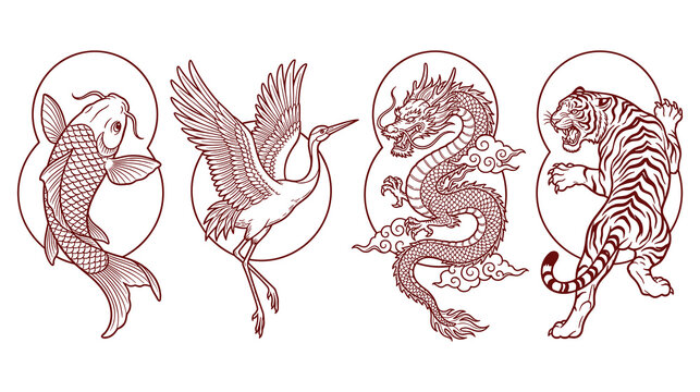 Set of asian mythical creatures and animals art.