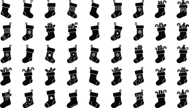 Christmas stocking silhouettes with various patterns and gift fillings for holiday decor