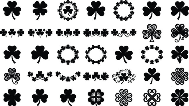 Clover leaf and shamrock silhouette icons set for saint patrick day celebration design