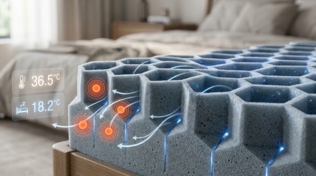 Abstract smart mattress cooling gel grid with pressure heat map nodes and temperature data interface on foam texture background