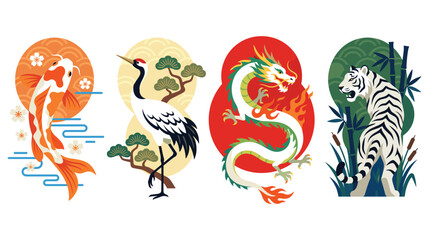 Naklejka premium Japanese style animal illustrations with classic icons.