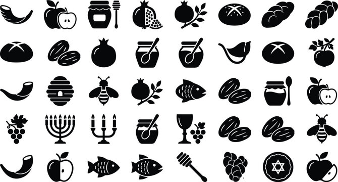 Jewish holiday symbols including shofar, honey, apples, and menorah icons