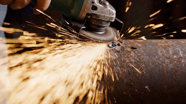 Angle Grinder Slicing Deeply Through Thick Rusty Iron Pipe Unleashing Massive Shower Bright Yellow Sparks