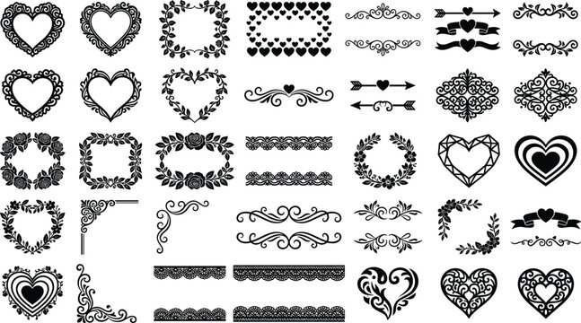 Vintage floral frames and decorative borders with romantic heart motifs for page ornaments