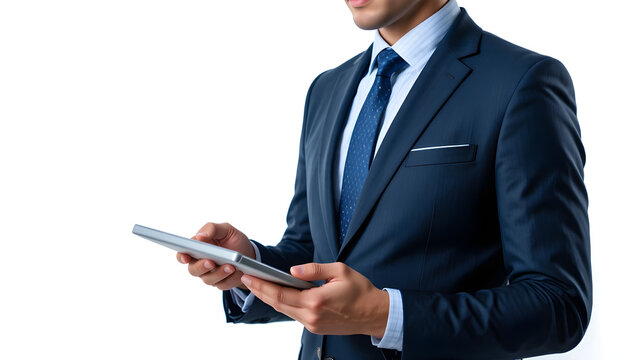 Businessman in suit using digital tablet on white background