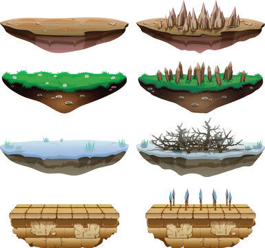 2D Platform Game Terrain Tiles Set with Grass Ice Spikes and Desert Platforms