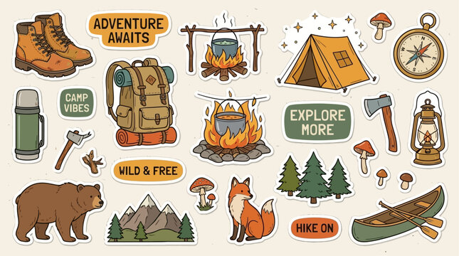 Retro outdoor camping sticker set featuring hiking gear including backpack boots tent campfire and compass for forest adventure wildlife survival and nature recreation illustration.