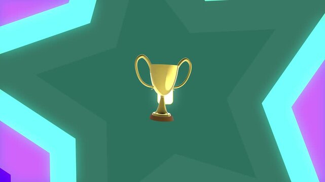 Golden Trophy Cup Animation on Colorful Star Tunnel Background - Championship Victory, Sports Award and Success Celebration loop