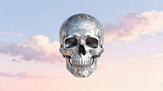 Silver ornate skull against sky