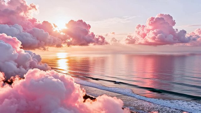 Pink sky clouds over ocean at sunrise