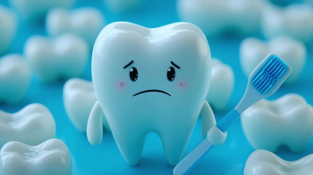 Sad cartoon tooth character with toothbrush