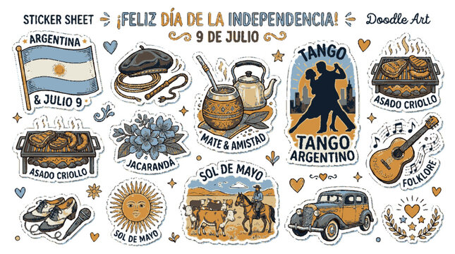 Argentina independence day doodle sticker set