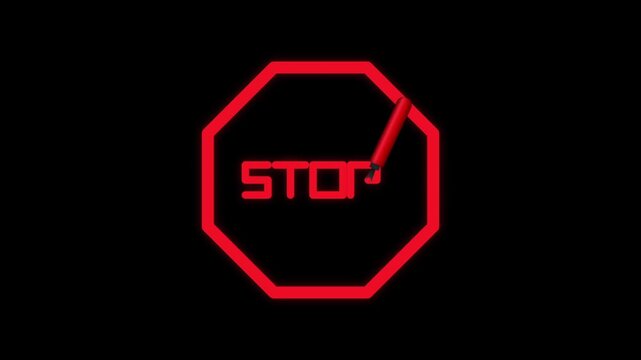 Red Marker Drawing Stop Sign and Word on Black Background