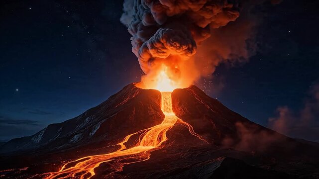 Volcano erupting with lava at night