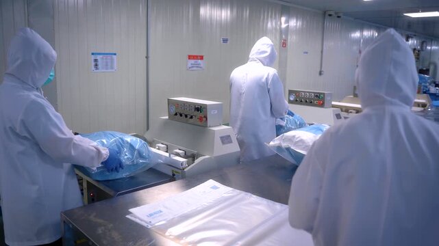 Real time 4K footage of medical manufacturing facility workers in sterile suits operating heat sealing machinery to pack blue medical supplies on an assembly line.