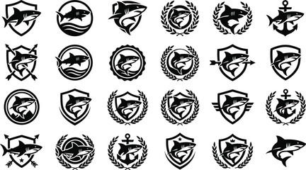 Shark emblem badge and marine shield crest set featuring black vector silhouettes of powerful sharks laurel wreaths nautical anchors and sports mascot security logo pictograms © Rajkumar