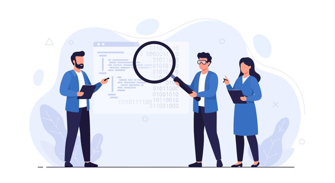Team of professionals analyzing code and data with magnifying glass, concept of programming, debugging, and data science.