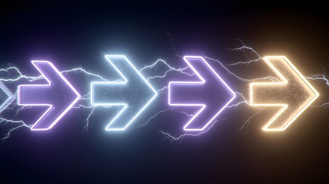 Abstract neon glowing arrows background with lightning effect