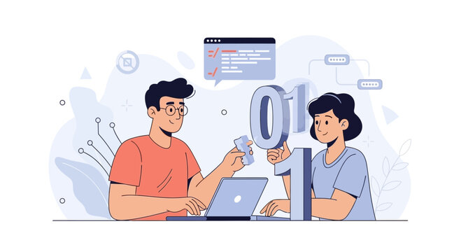 Two People Working on Digital Data and Coding, Binary Code, Technology Concept