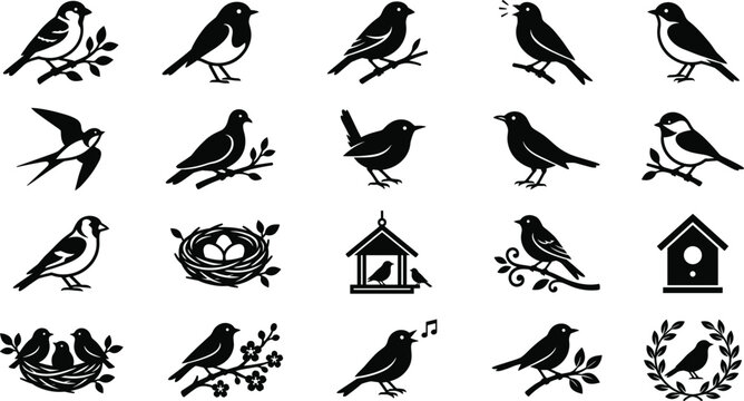 Songbird silhouette icon set featuring black vector graphics of garden birds perched on branches avian nests birdhouses singing sparrows and wildlife nature pictograms