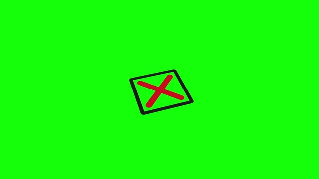 Hand Drawn Red Cross X Mark in Square Checkbox Drawing Animation on Green Screen Chroma Key Rejection Error