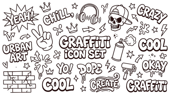 Set of black and white doodle graffiti art icons urban style.