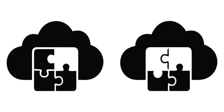 Cloud computing puzzle solutions icon set black silhouette depicting data integration and problem solving concepts