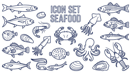 Icon set seafood, editable line icons, marine food aquatic animals. © Ojufa