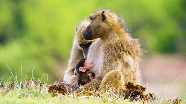 Portrait view of a Baboon mother breast feeding her baby baboon. Father baboon is sitting near. Baboon Family close up.
