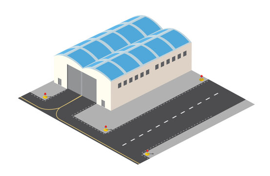 Isometric airport hangar building presenting a warehouse or storage facility with a section of runway and taxiway