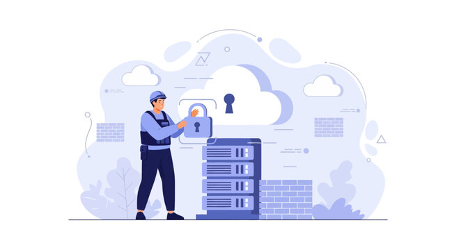 Cloud Security Concept: Technician Securing Server Rack with Padlock and Firewall