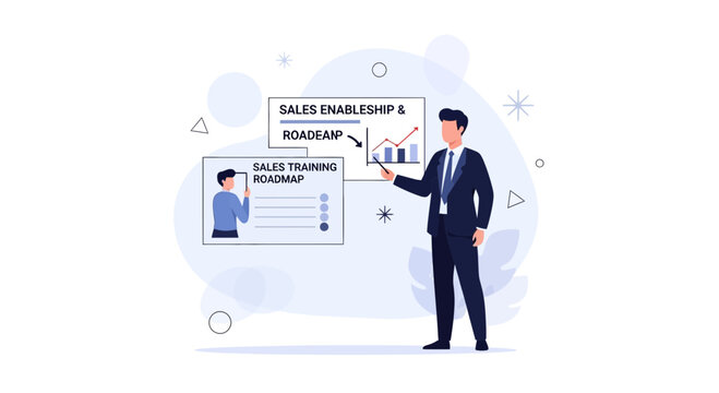 Businessman presenting sales enablement and training roadmap with charts and statistics.