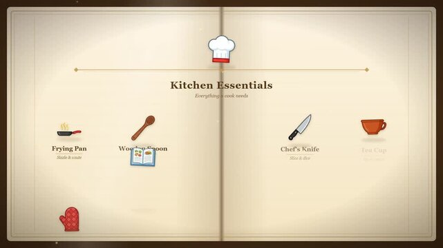 Animated kitchen essentials infographic with cooking utensil icons on vintage recipe book